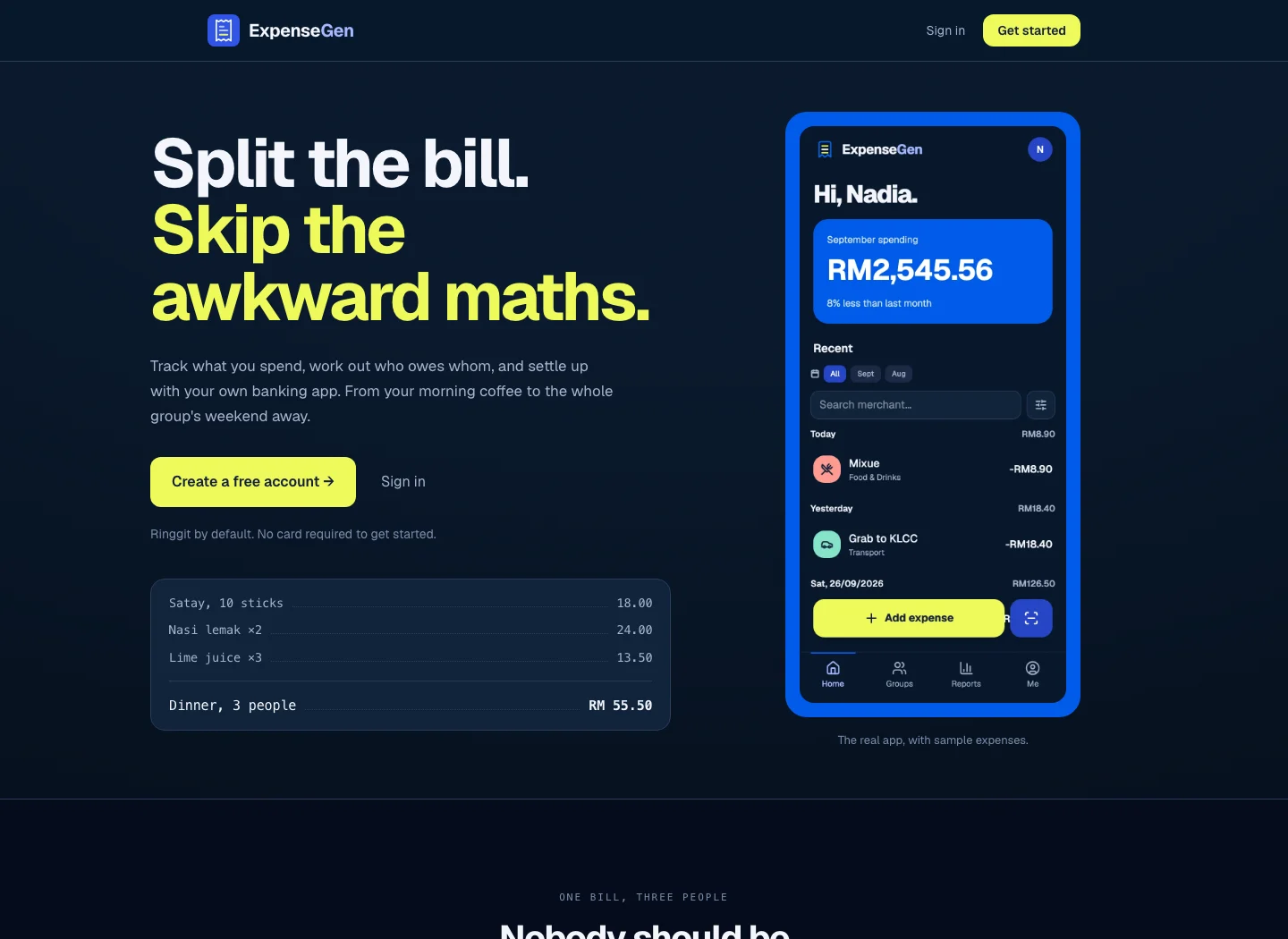 ExpenseGen public website · Sample expenses